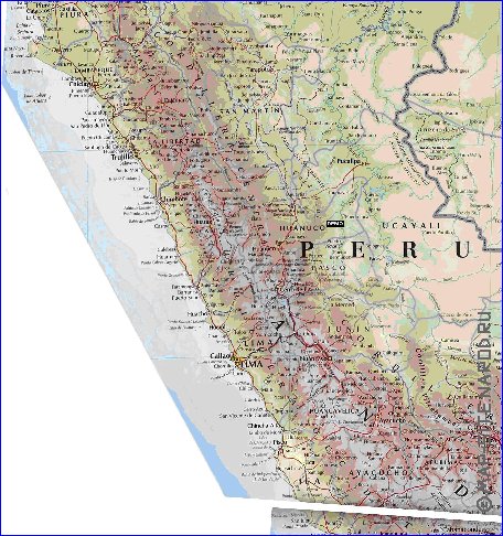 Physique carte de Perou en espagnol
