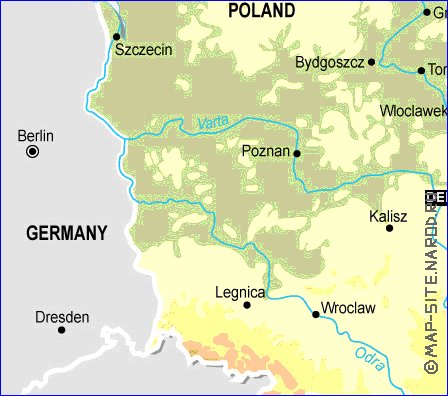 Physique carte de Pologne en anglais