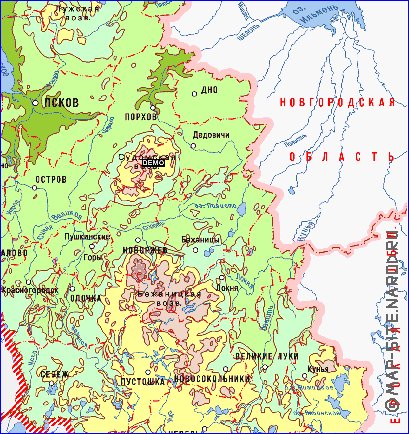 Physique carte de Oblast de Pskov